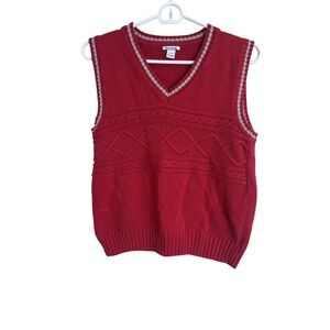 Hartstrings Sweater Vest Kids 12-14 Red Cable Knit V Neck Trimmed Gray
